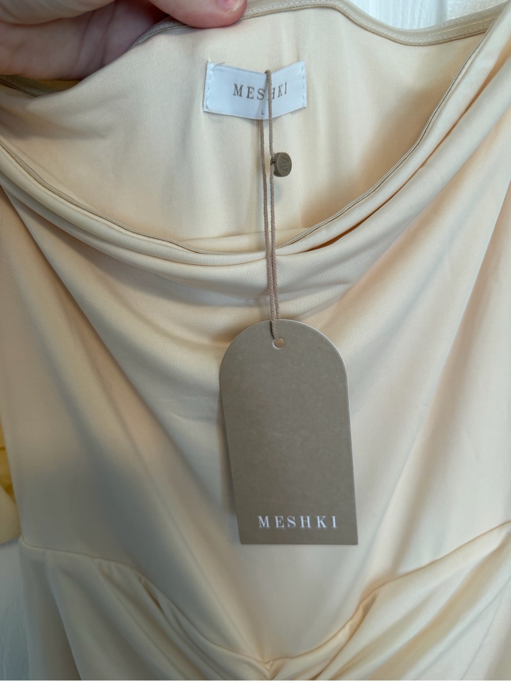 Meshki Ivory Off-Shoulder Slinky Mesh Maxi Dress, Size L 🤍 NWTS - Picture 6 of 7